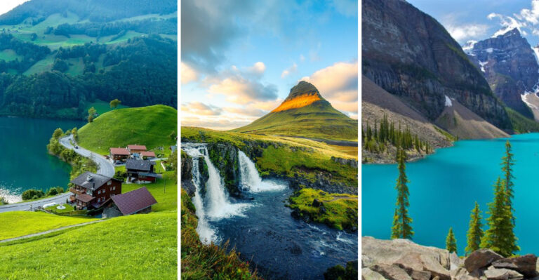 three pictures of beaturiful mountains rivers waterfalls and lakes