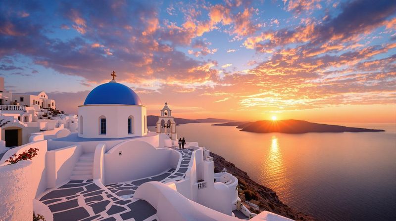 Santorini's Blue-Domed Churches at Sunset